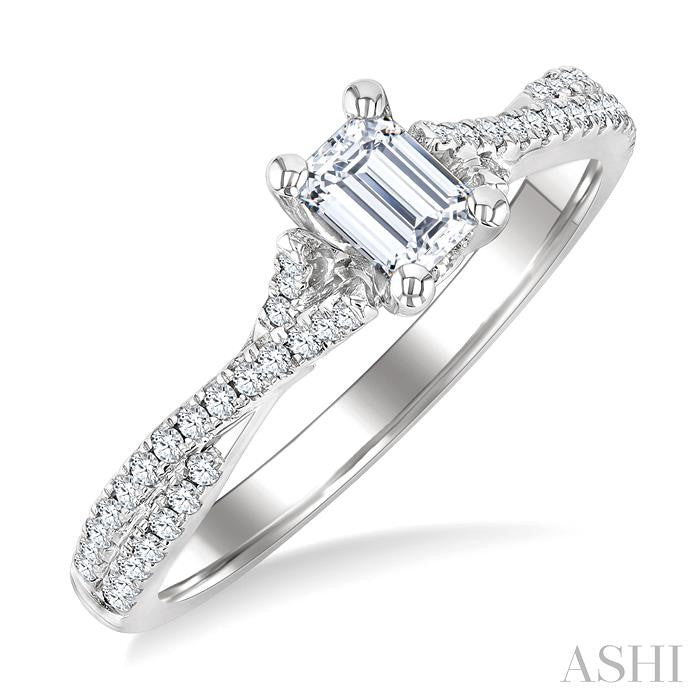 1/4 Ctw Split Crisscross Shank Emerald Shape Round Cut Diamond Semi-Mount Engagement Ring in 14K White Gold