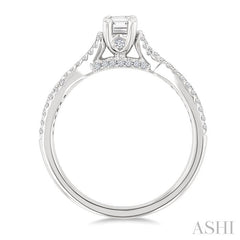 1/4 Ctw Split Crisscross Shank Emerald Shape Round Cut Diamond Semi-Mount Engagement Ring in 14K White Gold