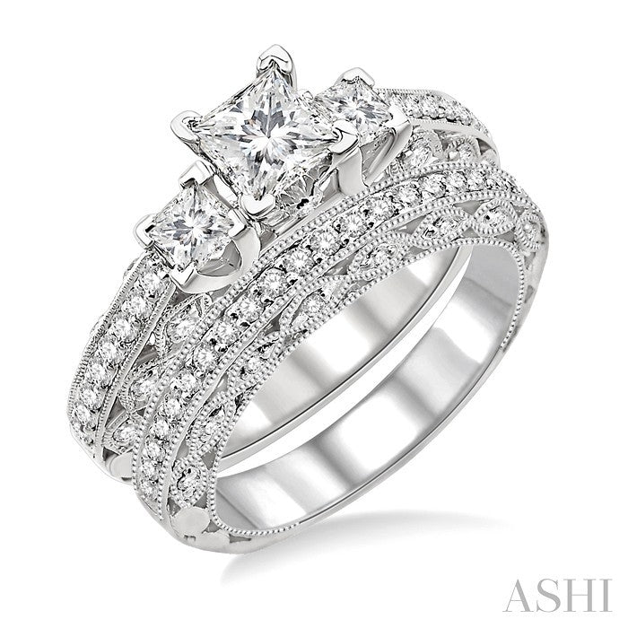 1 1/10 Ctw Diamond Wedding Set with 7/8 Ctw Princess Cut Engagement Ring and 1/4 Ctw Wedding Band in 14K White Gold