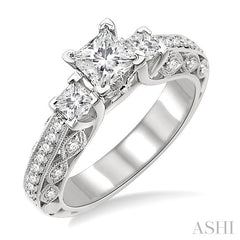 1 1/4 Ctw Diamond Engagement Ring with 1/2 Ct Princess Cut Center Stone in 14K White Gold