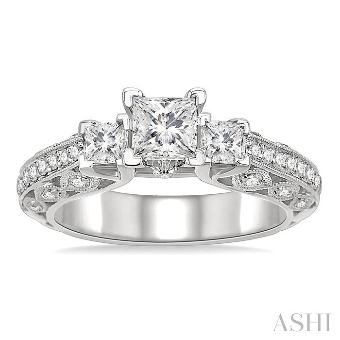 1 1/4 Ctw Diamond Engagement Ring with 1/2 Ct Princess Cut Center Stone in 14K White Gold