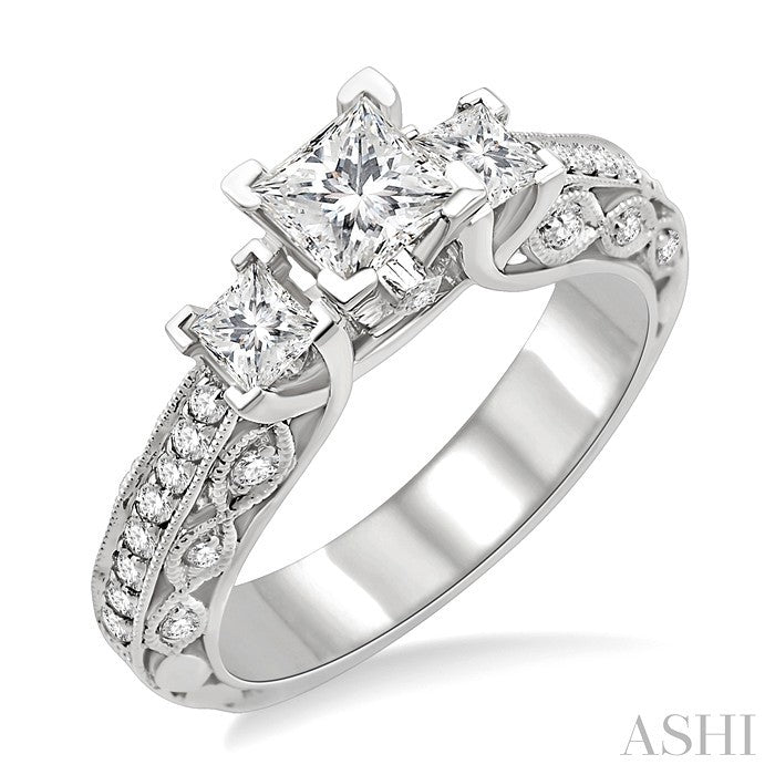 7/8 Ctw Diamond Engagement Ring with 1/3 Ct Princess Cut Center Stone in 14K White Gold