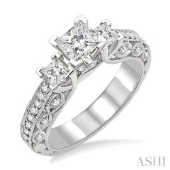 7/8 Ctw Diamond Engagement Ring with 1/3 Ct Princess Cut Center Stone in 14K White Gold