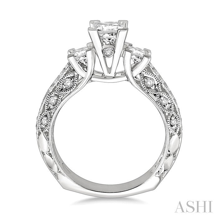 7/8 Ctw Diamond Engagement Ring with 1/3 Ct Princess Cut Center Stone in 14K White Gold