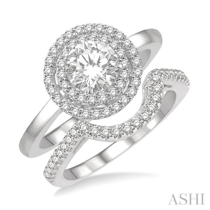 1 Ctw Round Cut Diamond Wedding Set With 3/4 Ct Engagement Ring and 1/5 Ct Curved Center Wedding Band in 14K White Gold