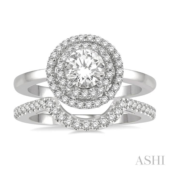 1 Ctw Round Cut Diamond Wedding Set With 3/4 Ct Engagement Ring and 1/5 Ct Curved Center Wedding Band in 14K White Gold