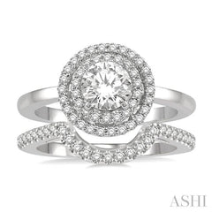 1 Ctw Round Cut Diamond Wedding Set With 3/4 Ct Engagement Ring and 1/5 Ct Curved Center Wedding Band in 14K White Gold