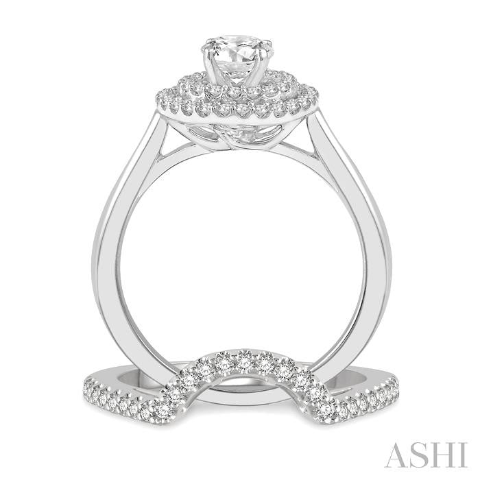 1 Ctw Round Cut Diamond Wedding Set With 3/4 Ct Engagement Ring and 1/5 Ct Curved Center Wedding Band in 14K White Gold