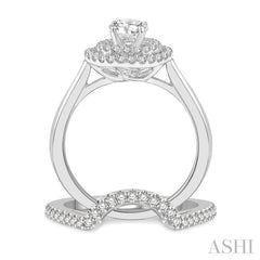 1 Ctw Round Cut Diamond Wedding Set With 3/4 Ct Engagement Ring and 1/5 Ct Curved Center Wedding Band in 14K White Gold