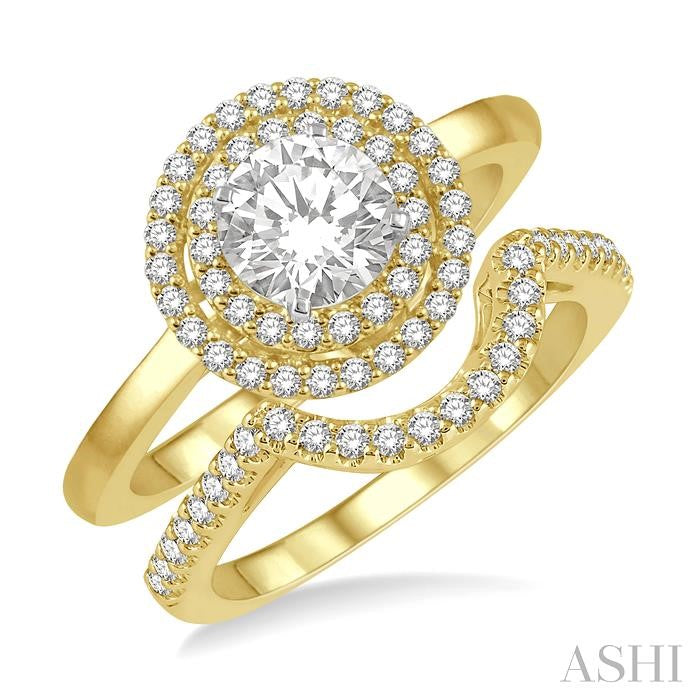 1 Ctw Round Cut Diamond Wedding Set With 3/4 Ct Engagement Ring and 1/5 Ct Curved Center Wedding Band in 14K Yellow and White Gold