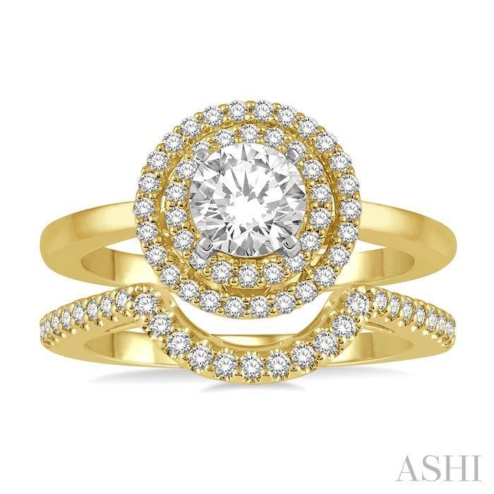 1 Ctw Round Cut Diamond Wedding Set With 3/4 Ct Engagement Ring and 1/5 Ct Curved Center Wedding Band in 14K Yellow and White Gold