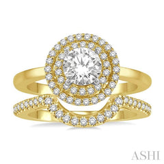 1 Ctw Round Cut Diamond Wedding Set With 3/4 Ct Engagement Ring and 1/5 Ct Curved Center Wedding Band in 14K Yellow and White Gold