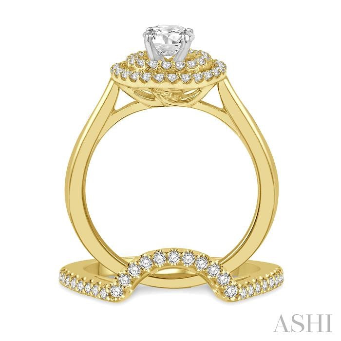 1 Ctw Round Cut Diamond Wedding Set With 3/4 Ct Engagement Ring and 1/5 Ct Curved Center Wedding Band in 14K Yellow and White Gold
