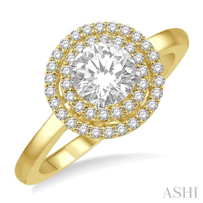 3/4 Ctw Round Cut Diamond Ladies Engagement Ring with 1/2 Ctw Round Cut Center Stone in 14K Yellow and White Gold