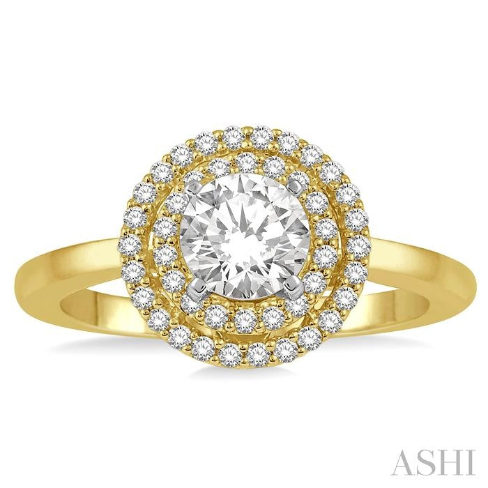 3/4 Ctw Round Cut Diamond Ladies Engagement Ring with 1/2 Ctw Round Cut Center Stone in 14K Yellow and White Gold
