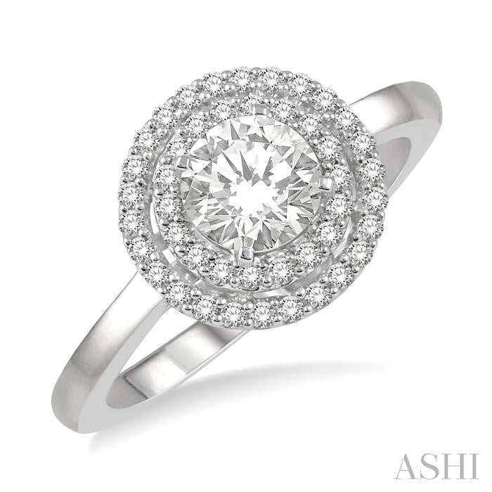 1/2 Ctw Twin Halo Diamond Engagement Ring With 1/4 Ct Round Cut Center Stone in 14K White Gold