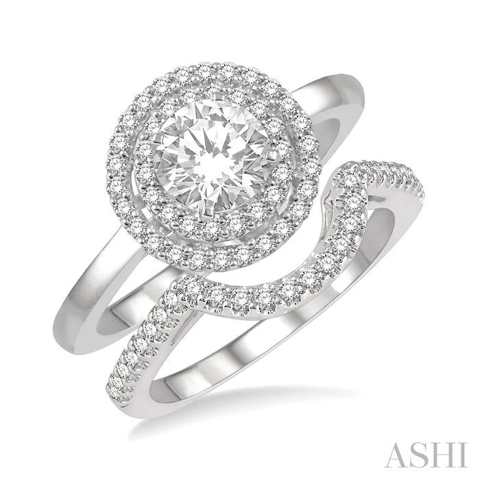 5/8 Ctw Diamond Wedding Set With 1/2 Ct Twin Halo 1/4 Ct Round Cut Center Stone Engagement Ring & 1/10 Ct Deep Curve Wedding Band in 14K White Gold