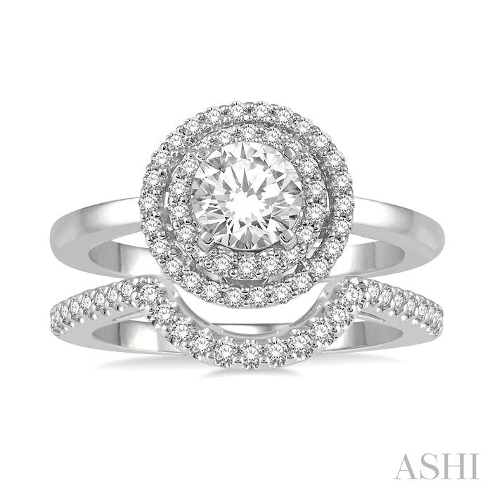 5/8 Ctw Diamond Wedding Set With 1/2 Ct Twin Halo 1/4 Ct Round Cut Center Stone Engagement Ring & 1/10 Ct Deep Curve Wedding Band in 14K White Gold