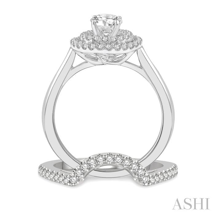 5/8 Ctw Diamond Wedding Set With 1/2 Ct Twin Halo 1/4 Ct Round Cut Center Stone Engagement Ring & 1/10 Ct Deep Curve Wedding Band in 14K White Gold