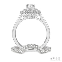 5/8 Ctw Diamond Wedding Set With 1/2 Ct Twin Halo 1/4 Ct Round Cut Center Stone Engagement Ring & 1/10 Ct Deep Curve Wedding Band in 14K White Gold