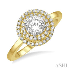 1/2 Ctw Twin Halo Diamond Engagement Ring With 1/4 Ct Round Cut Center Stone in 14K Yellow and White Gold