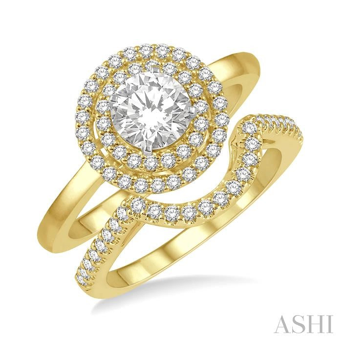 5/8 Ctw Diamond Wedding Set With 1/2 Ct Twin Halo 1/4 Ct Round Cut Center Stone Engagement Ring & 1/10 Ct Wedding Band in 14K Yellow and White Gold
