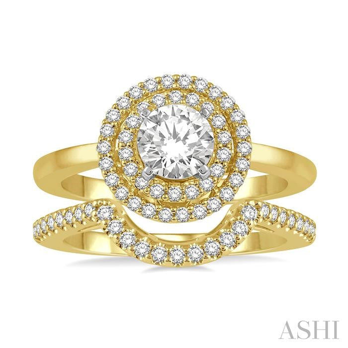 5/8 Ctw Diamond Wedding Set With 1/2 Ct Twin Halo 1/4 Ct Round Cut Center Stone Engagement Ring & 1/10 Ct Wedding Band in 14K Yellow and White Gold