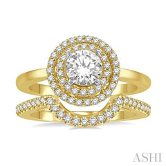 5/8 Ctw Diamond Wedding Set With 1/2 Ct Twin Halo 1/4 Ct Round Cut Center Stone Engagement Ring & 1/10 Ct Wedding Band in 14K Yellow and White Gold