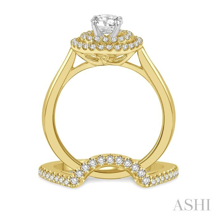 5/8 Ctw Diamond Wedding Set With 1/2 Ct Twin Halo 1/4 Ct Round Cut Center Stone Engagement Ring & 1/10 Ct Wedding Band in 14K Yellow and White Gold