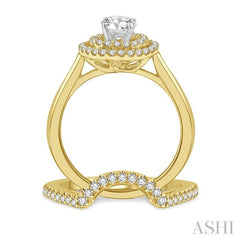 5/8 Ctw Diamond Wedding Set With 1/2 Ct Twin Halo 1/4 Ct Round Cut Center Stone Engagement Ring & 1/10 Ct Wedding Band in 14K Yellow and White Gold