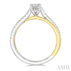 1/2 Ctw Two Tone Criss Cross Round & Oval Cut Diamond Engagement Ring With 1/3 Ct Oval Cut Center Stone in 14K White and Yellow Gold