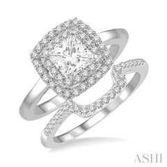 1 Ctw Diamond Wedding Set With 3/4 Ct Halo Round Cut & 1/2 Ct Princess Cut Center Stone Engagement Ring and 1/5 Ct Wedding Band in 14K White Gold
