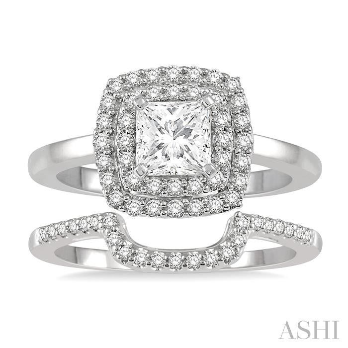 1 Ctw Diamond Wedding Set With 3/4 Ct Halo Round Cut & 1/2 Ct Princess Cut Center Stone Engagement Ring and 1/5 Ct Wedding Band in 14K White Gold