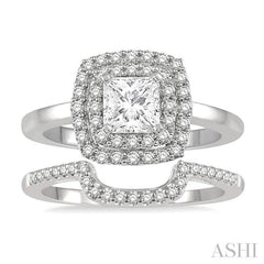 1 Ctw Diamond Wedding Set With 3/4 Ct Halo Round Cut & 1/2 Ct Princess Cut Center Stone Engagement Ring and 1/5 Ct Wedding Band in 14K White Gold