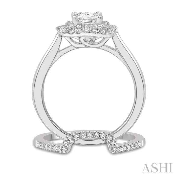 1 Ctw Diamond Wedding Set With 3/4 Ct Halo Round Cut & 1/2 Ct Princess Cut Center Stone Engagement Ring and 1/5 Ct Wedding Band in 14K White Gold