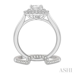 1 Ctw Diamond Wedding Set With 3/4 Ct Halo Round Cut & 1/2 Ct Princess Cut Center Stone Engagement Ring and 1/5 Ct Wedding Band in 14K White Gold