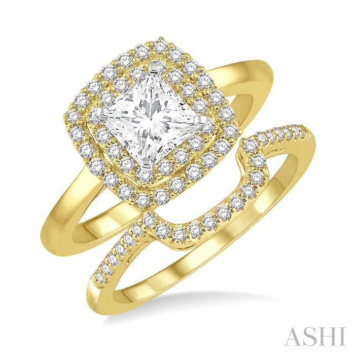 1 Ctw Diamond Wedding Set With 3/4 Ct Round Cut & 1/2 Ct Princess Cut Center Engagement Ring and 1/5 Ct Wedding Band in 14K Yellow and White Gold