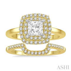 1 Ctw Diamond Wedding Set With 3/4 Ct Round Cut & 1/2 Ct Princess Cut Center Engagement Ring and 1/5 Ct Wedding Band in 14K Yellow and White Gold