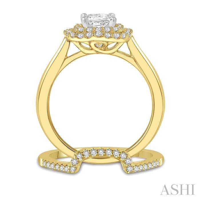 1 Ctw Diamond Wedding Set With 3/4 Ct Round Cut & 1/2 Ct Princess Cut Center Engagement Ring and 1/5 Ct Wedding Band in 14K Yellow and White Gold