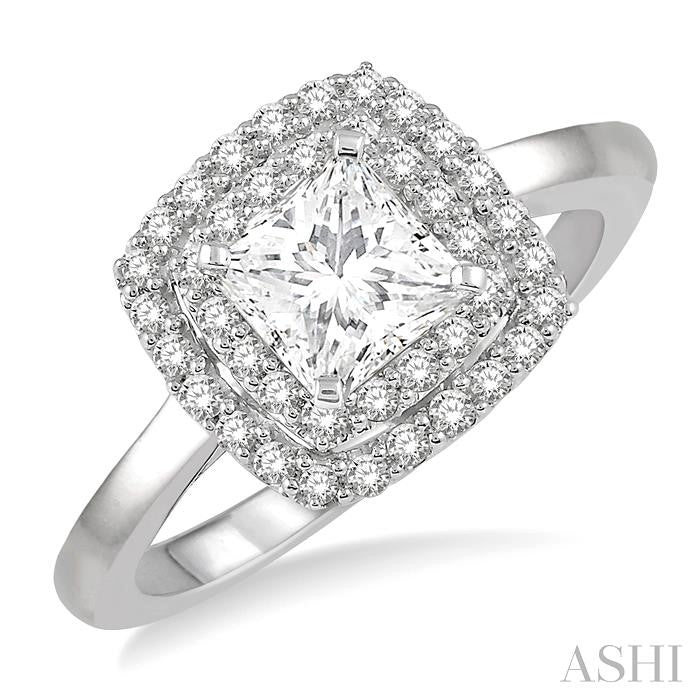 3/4 Ctw Princess & Halo Round Cut Diamond Ladies Engagement Ring With 1/2 Ct Princess Cut Center Stone in 14K White Gold
