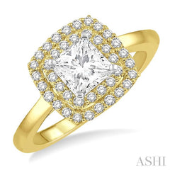 3/4 Ctw Princess & Halo Round Cut Diamond Ladies Engagement Ring With 1/2 Ct Princess Cut Center Stone in 14K Yellow and White Gold