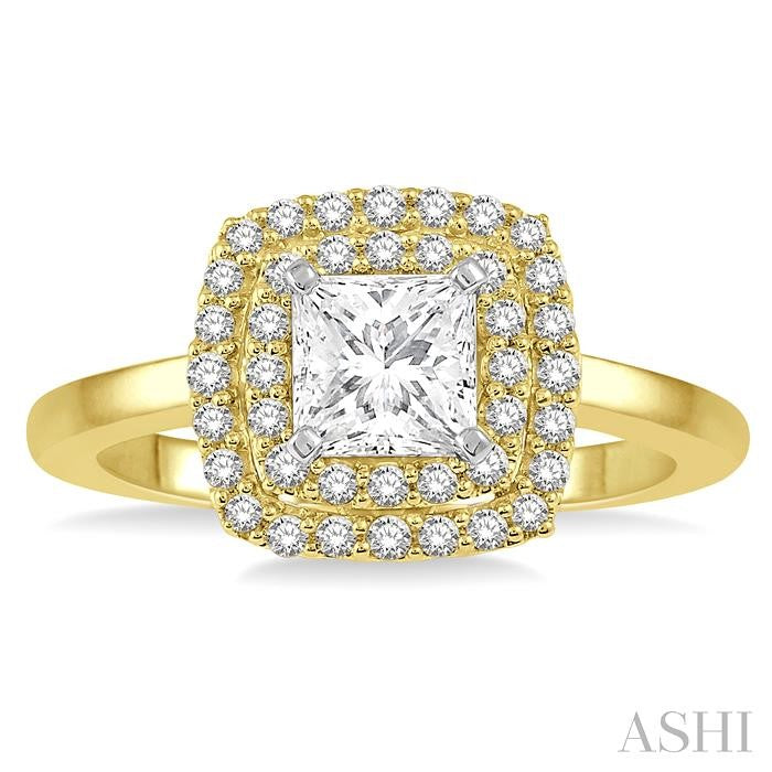 3/4 Ctw Princess & Halo Round Cut Diamond Ladies Engagement Ring With 1/2 Ct Princess Cut Center Stone in 14K Yellow and White Gold