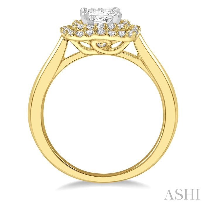 3/4 Ctw Princess & Halo Round Cut Diamond Ladies Engagement Ring With 1/2 Ct Princess Cut Center Stone in 14K Yellow and White Gold
