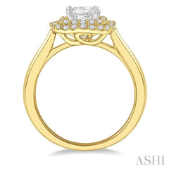 3/4 Ctw Princess & Halo Round Cut Diamond Ladies Engagement Ring With 1/2 Ct Princess Cut Center Stone in 14K Yellow and White Gold