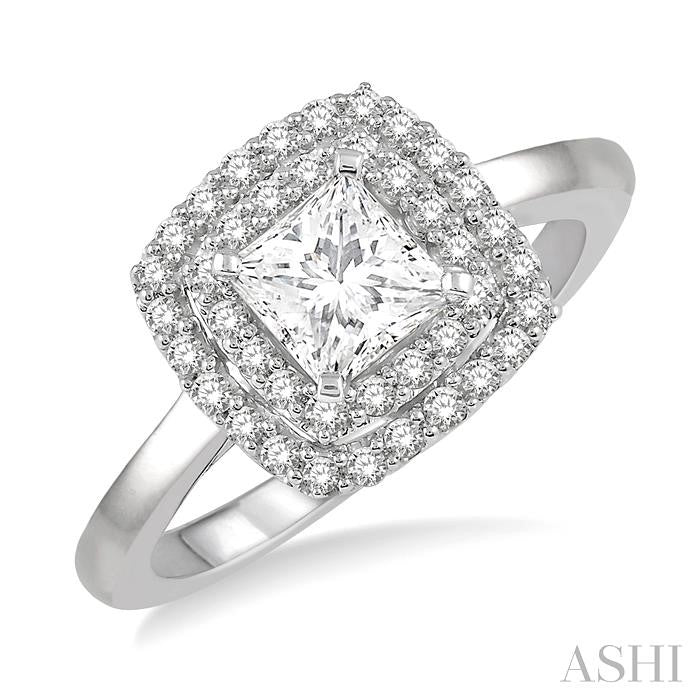 1/2 Ctw Princess & Halo Round Cut Diamond Ladies Engagement Ring With 1/4 Ct Princess Cut Center Stone in 14K White Gold