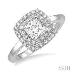 1/2 Ctw Princess & Halo Round Cut Diamond Ladies Engagement Ring With 1/4 Ct Princess Cut Center Stone in 14K White Gold