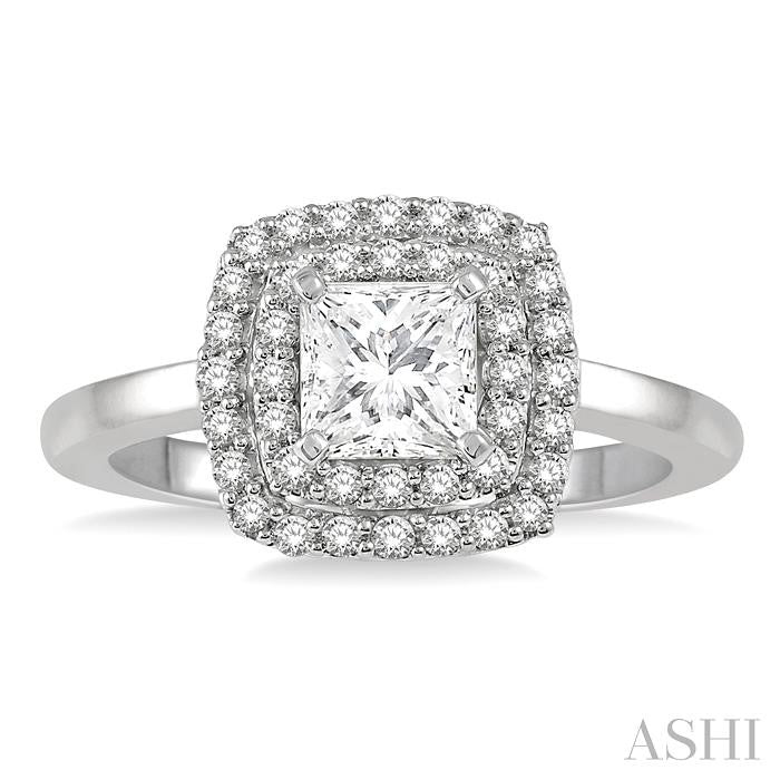 1/2 Ctw Princess & Halo Round Cut Diamond Ladies Engagement Ring With 1/4 Ct Princess Cut Center Stone in 14K White Gold
