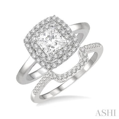 5/8 Ctw Diamond Wedding Set With 1/2 Ct Halo Round Cut & 1/4 Ct Princess Cut Center Stone Engagement Ring and 1/8 Ct Wedding Band in 14K White Gold