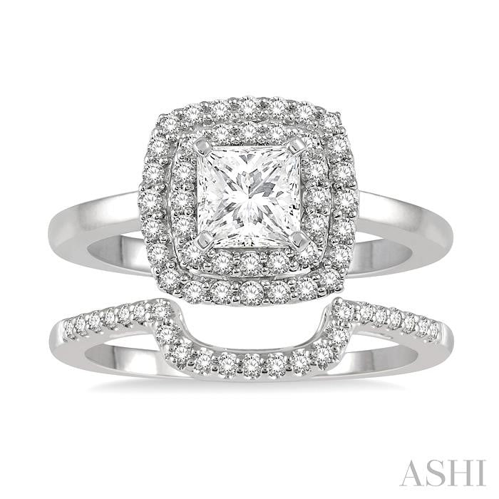 5/8 Ctw Diamond Wedding Set With 1/2 Ct Halo Round Cut & 1/4 Ct Princess Cut Center Stone Engagement Ring and 1/8 Ct Wedding Band in 14K White Gold