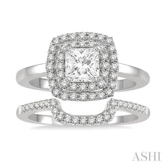 5/8 Ctw Diamond Wedding Set With 1/2 Ct Halo Round Cut & 1/4 Ct Princess Cut Center Stone Engagement Ring and 1/8 Ct Wedding Band in 14K White Gold